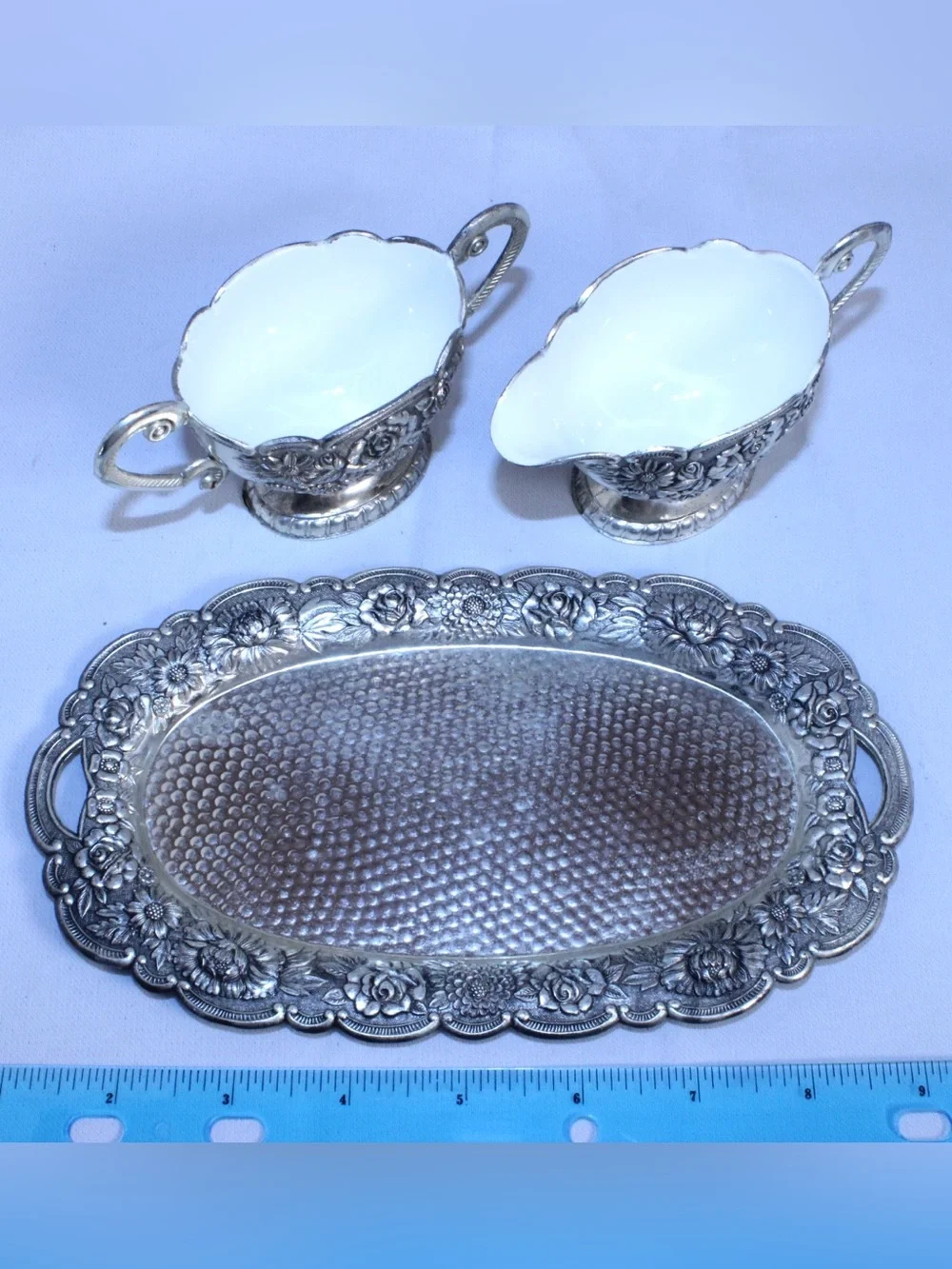 Vintage MCM 3-piece Art Nouveau Silver-Plated cream and sugar Serving tray Set